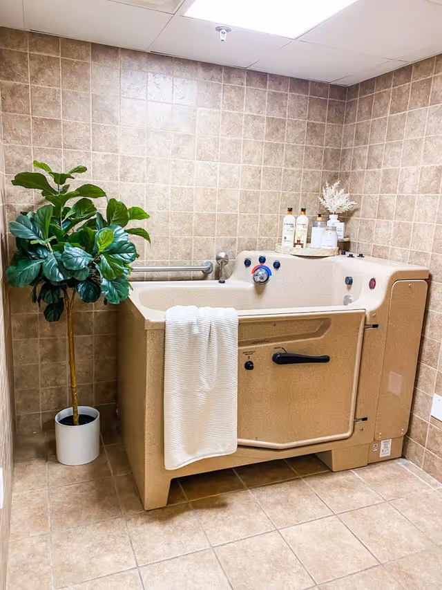 A beige walk-in bathtub with a white towel hanging over the side, placed in a tiled room with beige walls and floor. On top of the bathtub are several bottles and a small decorative plant. To the left of the bathtub is a potted green leafy plant. A metal grab bar is mounted on the wall behind the bathtub.