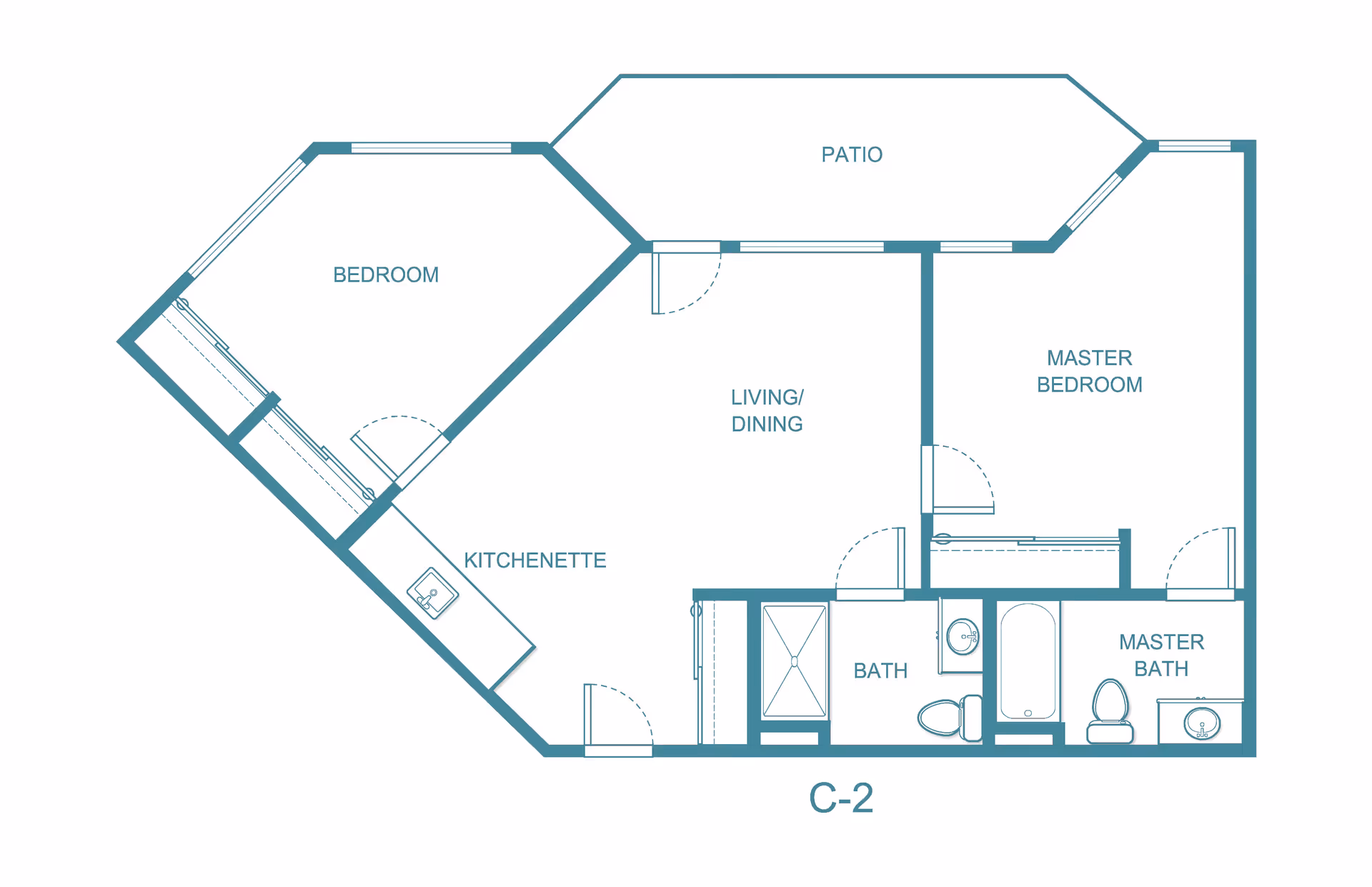 Floor plan of a residential unit labeled C-2 at The Fairmont by Barclay House, showing a bedroom, master bedroom with master bath, a second bath, kitchenette, living/dining area, and a patio.