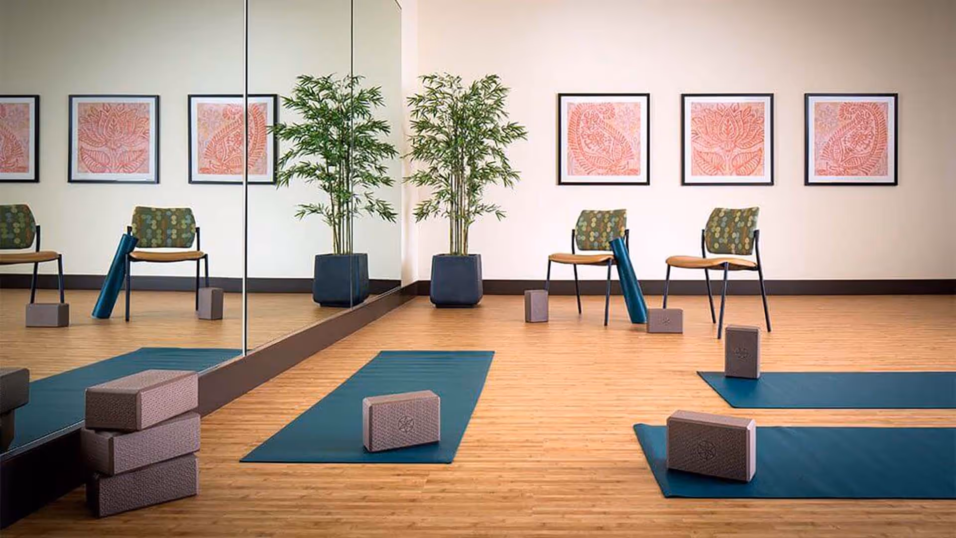 A yoga or exercise room with wooden flooring, blue exercise mats, yoga blocks, two chairs with patterned cushions, a large mirror on one wall, three framed artworks with pink designs on the opposite wall, and a potted plant in the corner.