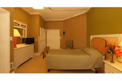 A cozy bedroom with a single bed covered in a green bedspread, a wooden headboard, and a nightstand with a vase of flowers. There is a dresser with a lamp and a small TV on top, a chair in the corner, and a door leading to another room. The walls are painted in warm tones of green and beige.