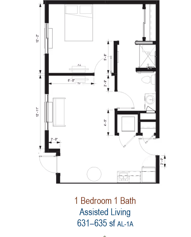 Architectural floor plan on a black background showing a one-bedroom, one-bath assisted living unit with room outlines, dimensions, and labels.