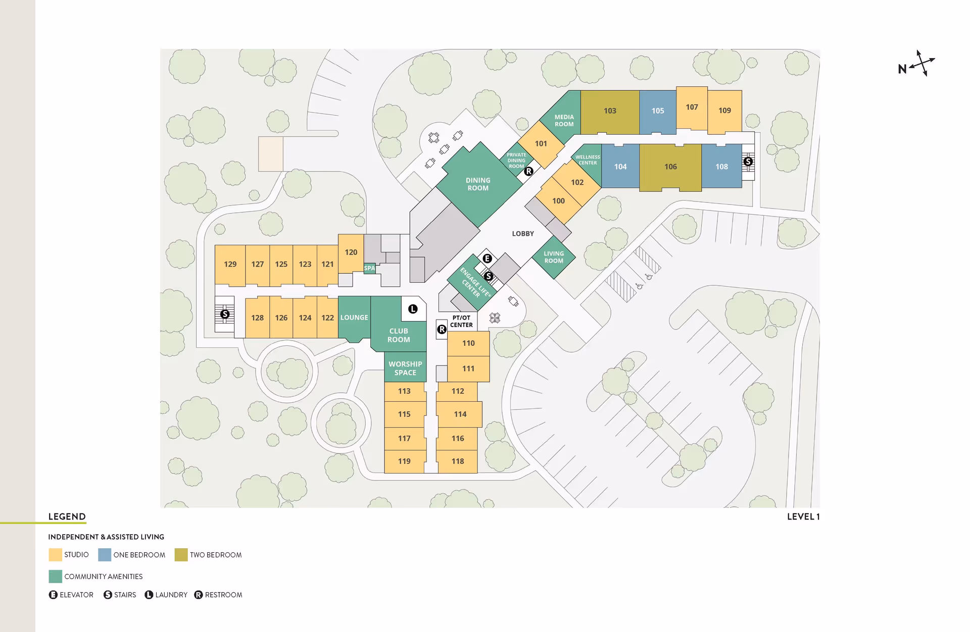 Color-coded Level 1 floor plan of Atria Sugar Land showing apartment units, community amenities, walkways and parking areas.