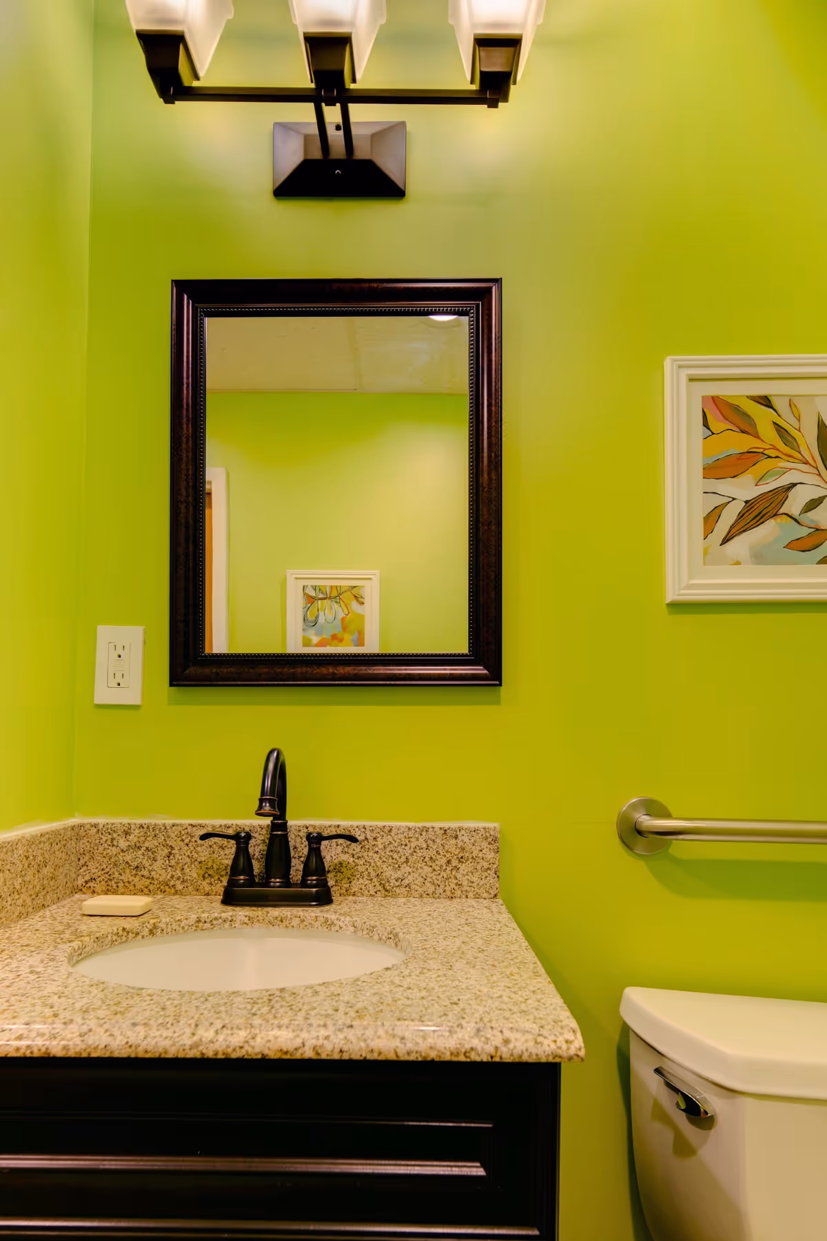 Bathroom with bright green walls featuring a granite countertop with an under-mount sink and black faucet. Above the sink is a rectangular mirror with a dark frame and a light fixture with three lights. To the right, there is a white toilet with a metal grab bar mounted on the wall. A framed artwork with colorful leaves hangs on the wall above the grab bar.