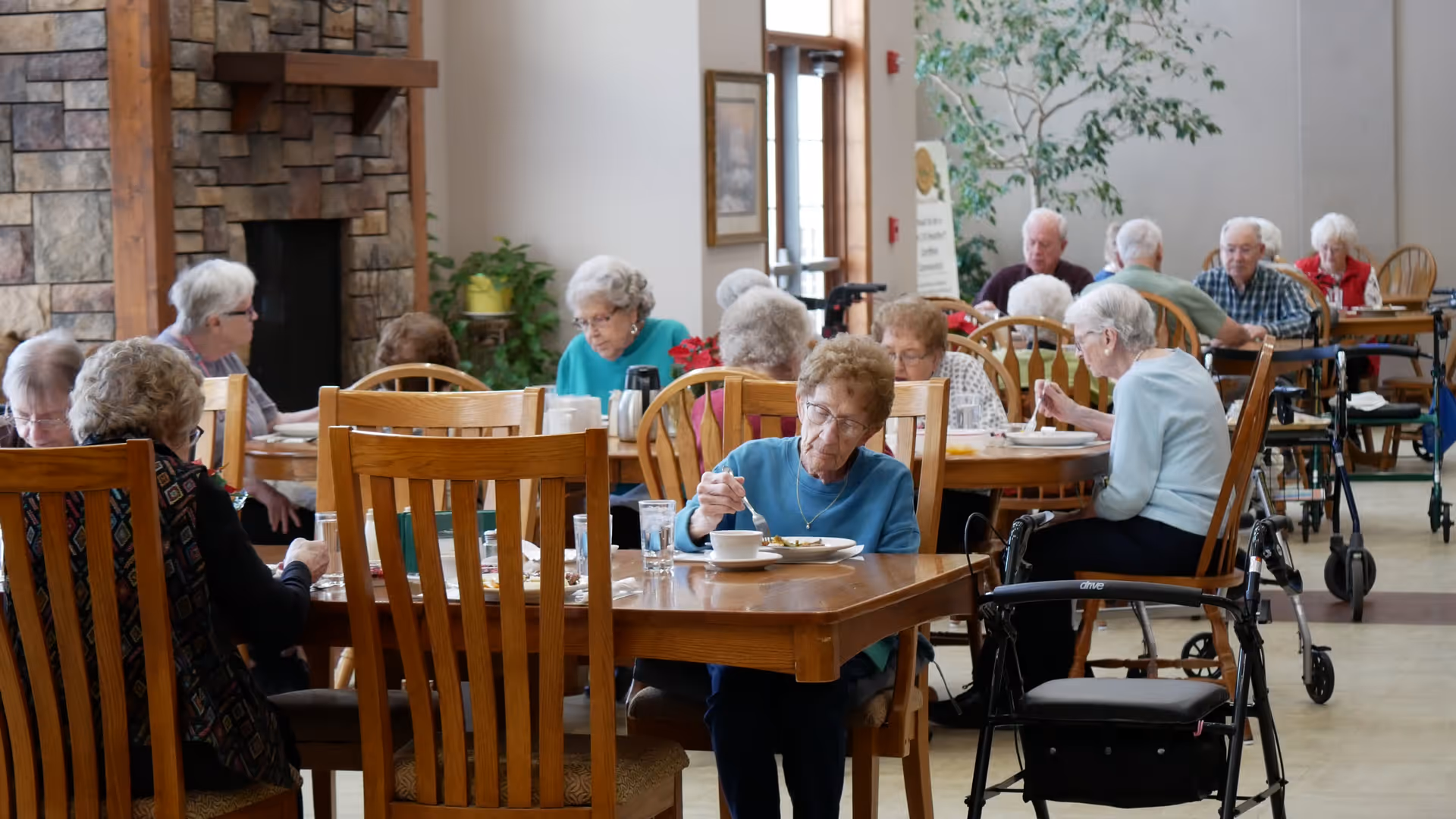 A group of elderly people sitting at wooden tables in a dining room, eating and socializing. The room has a stone fireplace, plants, and large windows letting in natural light. Some individuals use walkers and wheelchairs.