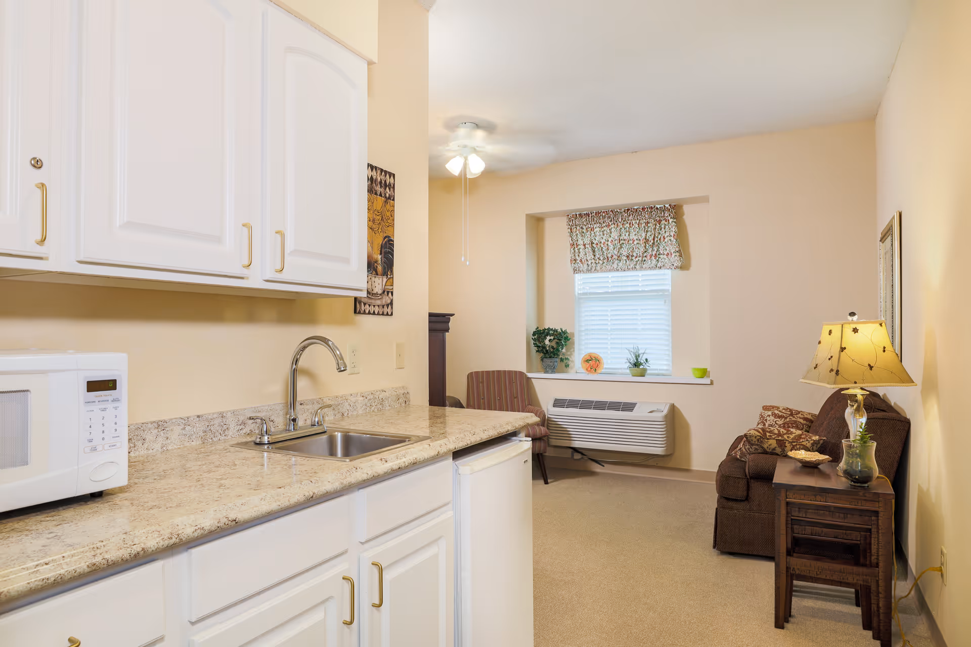 A small living space in an assisted living facility featuring a kitchenette with white cabinets, a microwave, and a sink on the left. The room extends to a sitting area with a brown couch, a side table with a lamp, a striped armchair, and a window with a floral valance and potted plants on the windowsill.