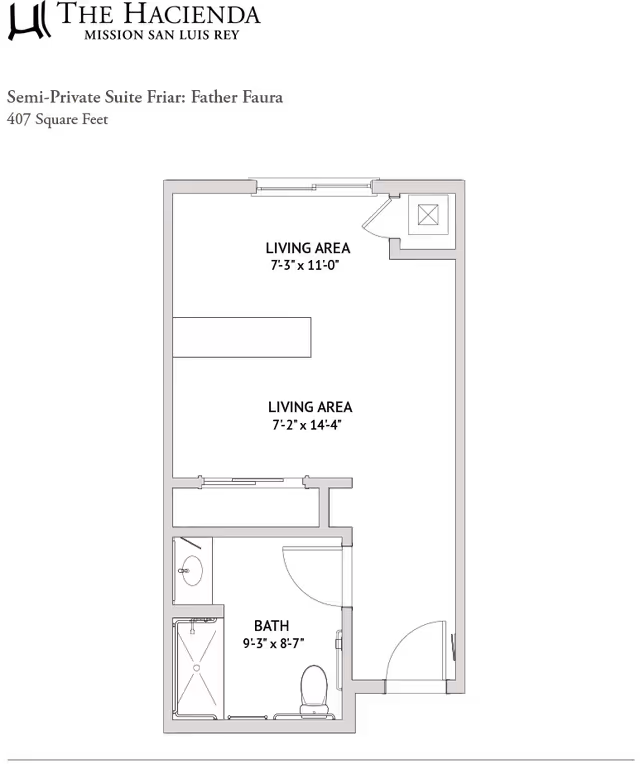 Floor plan of a semi-private suite named Father Faura at The Hacienda Mission San Luis Rey, showing a living area and a bathroom with a shower, sink, and toilet. The total area is 407 square feet.