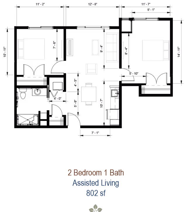 Architectural floor plan of a 2 bedroom, 1 bath assisted living unit measuring 802 square feet, showing room dimensions and furniture layout including beds, sofa, chairs, and dining table.