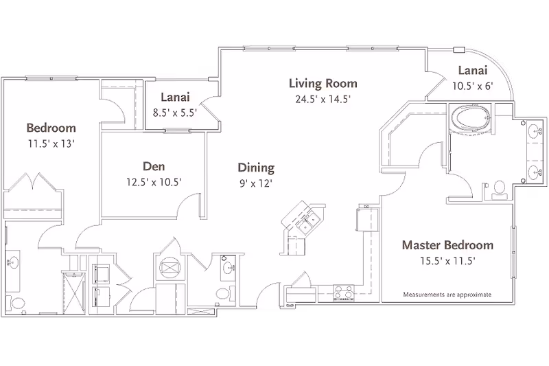 Architectural floor plan of a residential unit at Sandalwood Village showing two bedrooms, a den, living room, dining area, kitchen, two lanai balconies, and two bathrooms with approximate measurements.