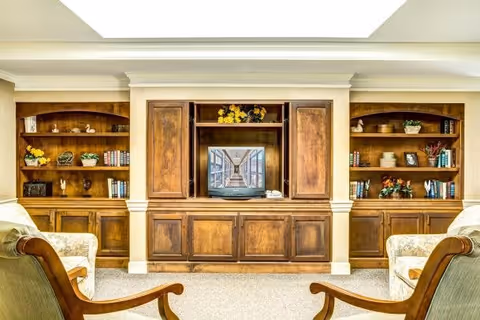 A cozy living room area with built-in wooden shelves and cabinets. The shelves are decorated with books, plants, and small decorative items. In the center, there is a TV placed inside a wooden cabinet. Two upholstered armchairs with wooden armrests face the TV. The room has a bright ceiling light and a carpeted floor.