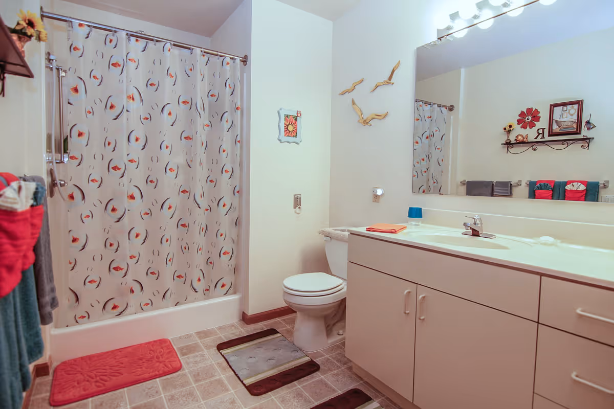 A clean bathroom with a shower curtain featuring a fish pattern, a white toilet, a large mirror above a white sink and cabinet, decorative wall art including three bird sculptures, and colorful towels hanging on racks.