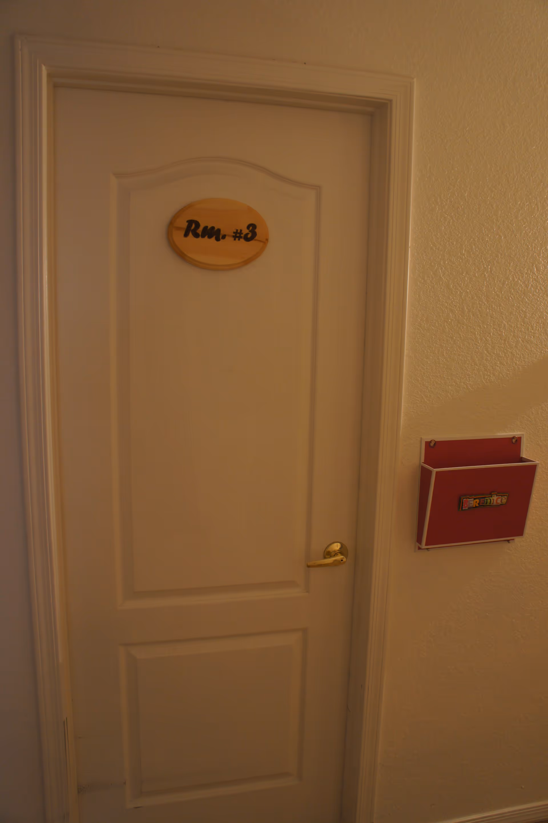 White interior door labeled "Rm. #3" with a gold handle and a red wall-mounted organizer to the right.