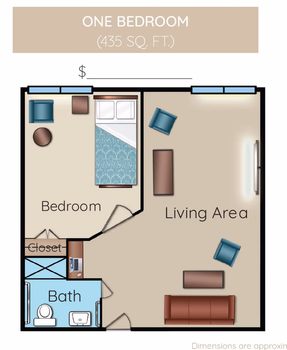 Floor plan of a one-bedroom apartment with 435 square feet, showing a bedroom with a bed, chair, and small table, a closet, a bathroom with a toilet and sink, and a living area with a sofa, chairs, coffee tables, and a TV on the wall.