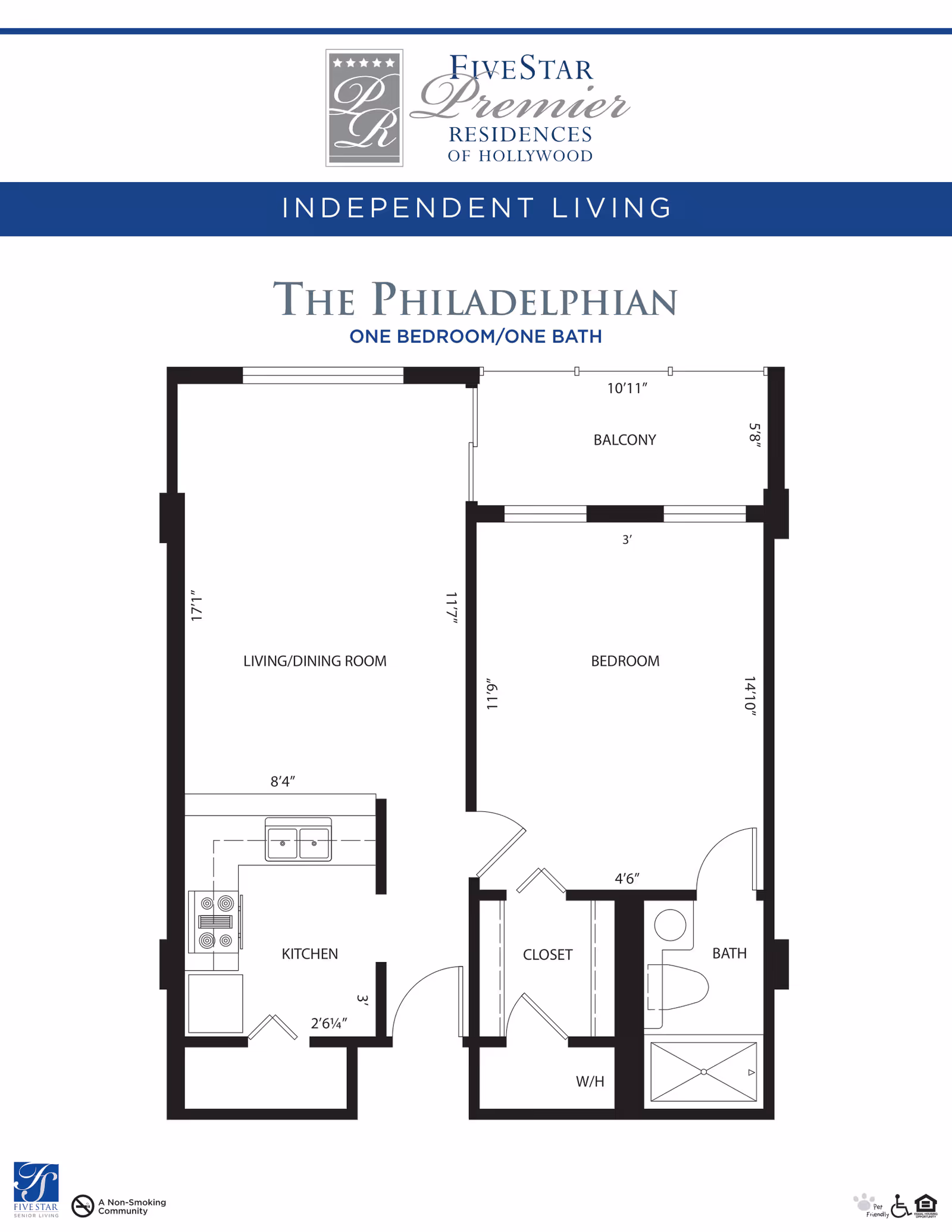 Floor plan of The Philadelphian, a one bedroom, one bath independent living apartment at Five Star Premier Residences of Hollywood. The layout includes a living/dining room, kitchen, bedroom, bathroom, closet, water heater area, and a balcony.