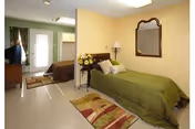 A single bedroom in an assisted living facility with a bed covered in a green bedspread, a mirror on the wall, a small table with a lamp and flowers, a TV on a stand, and a door leading outside. The room has light yellow walls and a colorful rug on the floor.