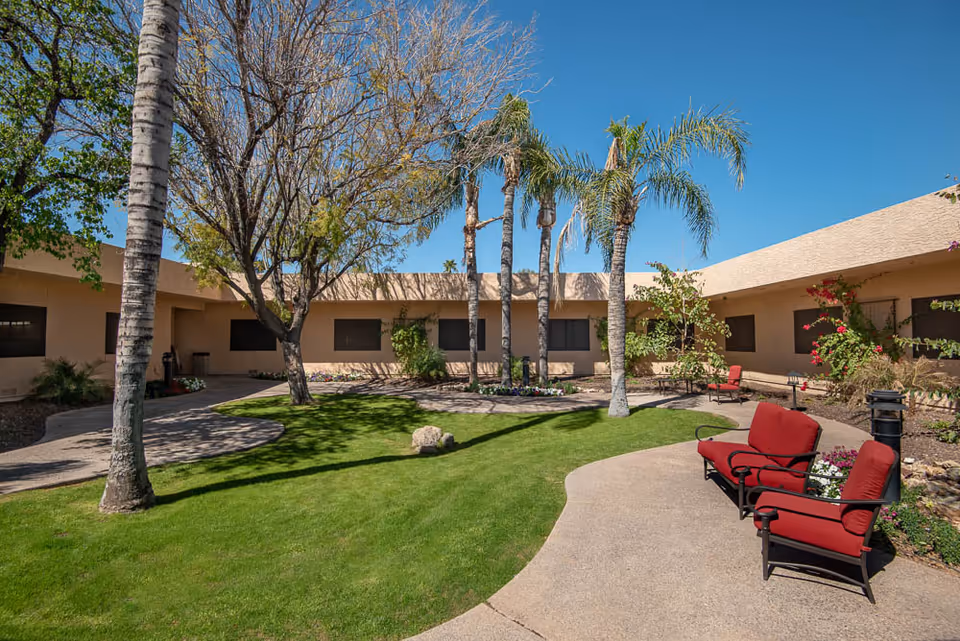 Outdoor courtyard area at Life Care Center of Scottsdale featuring green grass, palm trees, a few other trees, and a curved concrete pathway. There are red cushioned chairs along the pathway and the building with multiple windows surrounds the courtyard under a clear blue sky.