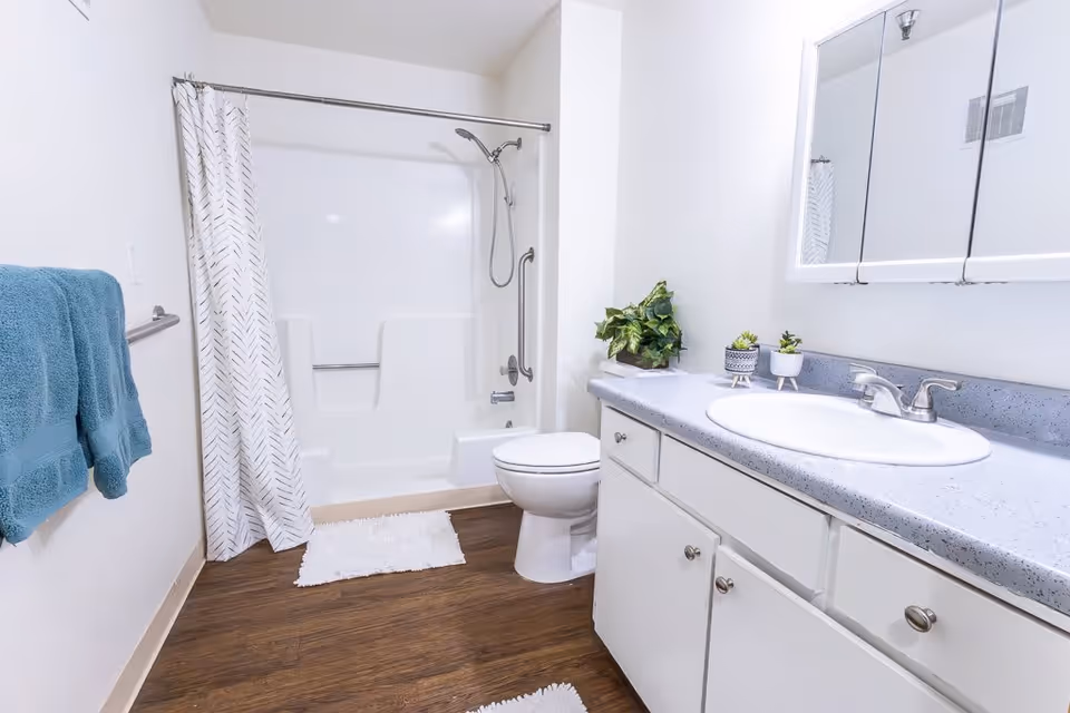 A clean and bright bathroom with a white bathtub and shower combination featuring a built-in seat and a handheld showerhead. There is a white toilet next to the bathtub. A white vanity with a speckled gray countertop holds a sink with a silver faucet, and above it is a mirrored medicine cabinet. Two small potted plants are placed on the countertop. The floor is wood-style, and there are white bath mats on the floor. A blue towel hangs on a silver towel rack on the left wall. The walls are painted white.