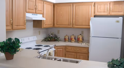 A kitchen area with wooden cabinets, a white electric stove with four burners, a white refrigerator, a double sink with a faucet, and decorative plants and canisters on the countertop.
