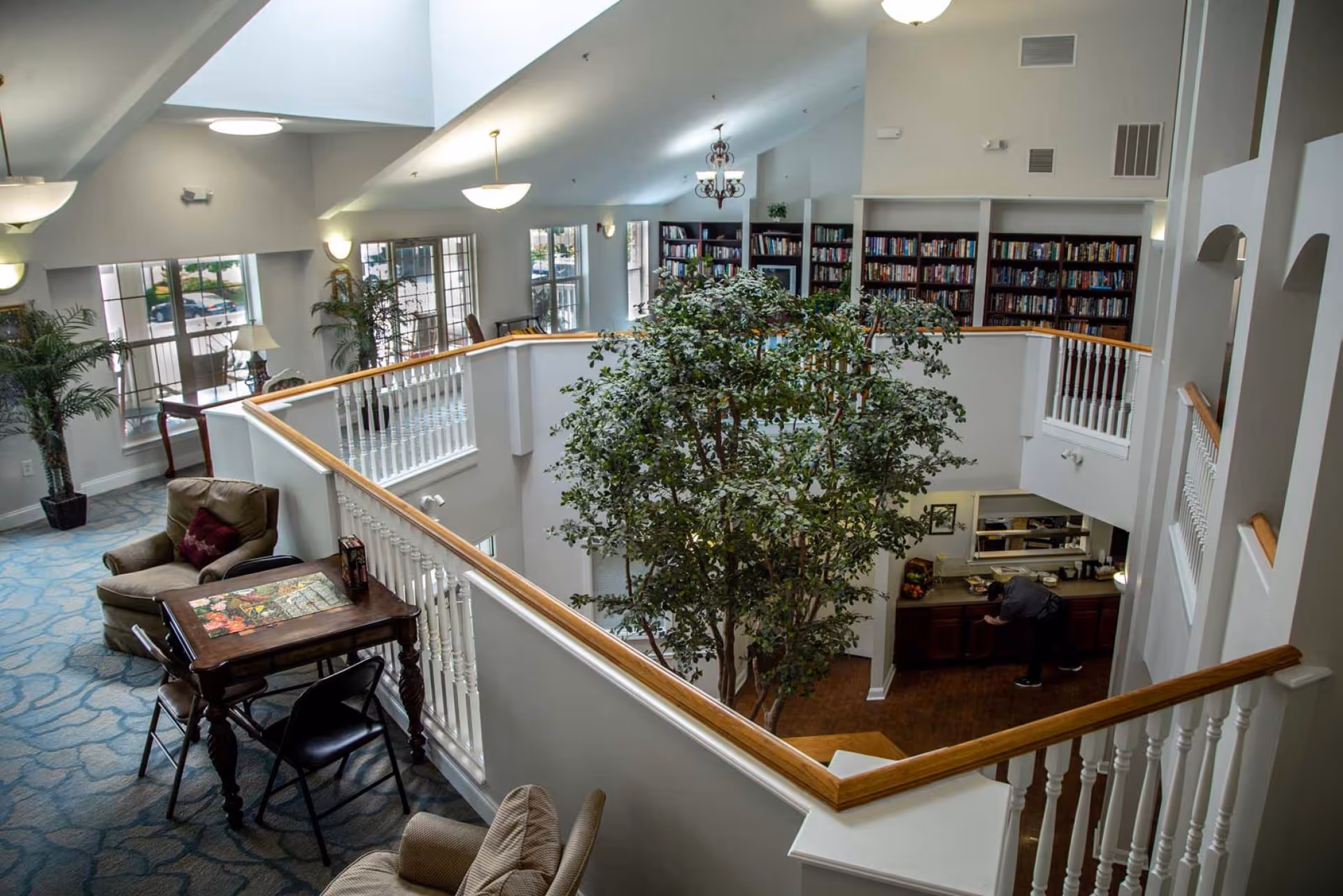 Interior view of a senior living facility with a two-story open space featuring a large indoor tree in the center. The upper level has a seating area with armchairs and a table, overlooking a lower level with a kitchenette and bookshelves filled with books. Large windows allow natural light to fill the space.
