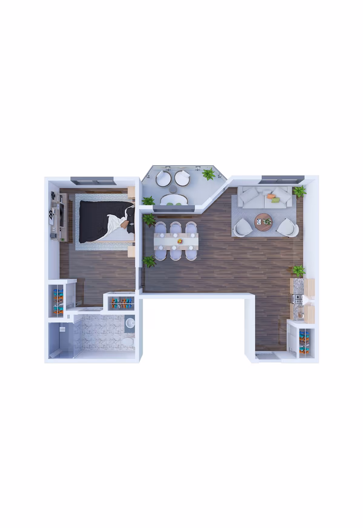 Top-down view of a senior living apartment floor plan featuring a bedroom with a bed and TV, a bathroom with a shower and toilet, a kitchen with appliances and cabinets, a dining area with a table and six chairs, a living room with a sofa and two chairs, and a small balcony with outdoor seating and plants.