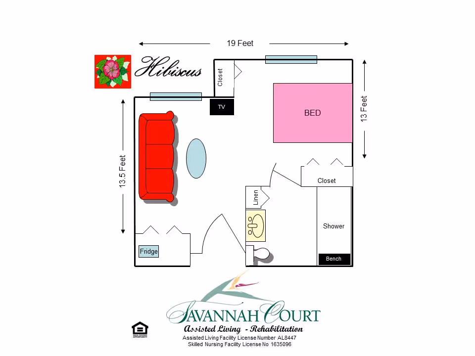 Labeled floor plan of a one-room assisted living unit showing a bed, living area with sofa and TV, kitchenette, and bathroom.