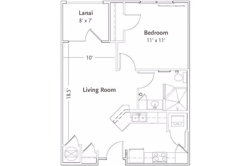 Architectural floor plan of a one-bedroom apartment at Sandalwood Village, showing a bedroom, living room, kitchen, bathroom, and a lanai with dimensions.