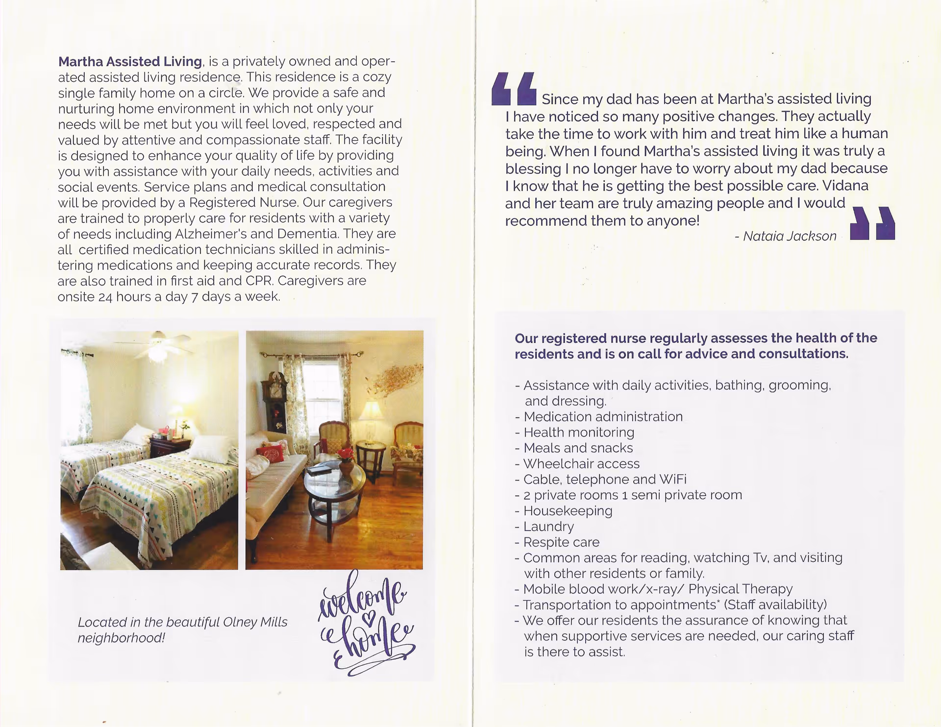 Two images showing interior views of Martha Assisted Living. The first image shows a bedroom with two twin beds, a ceiling fan, and a window with curtains. The second image shows a living room area with a sofa, two armchairs, a coffee table, a lamp, and a window with curtains. The text describes the facility's services, care, and a testimonial from a family member.