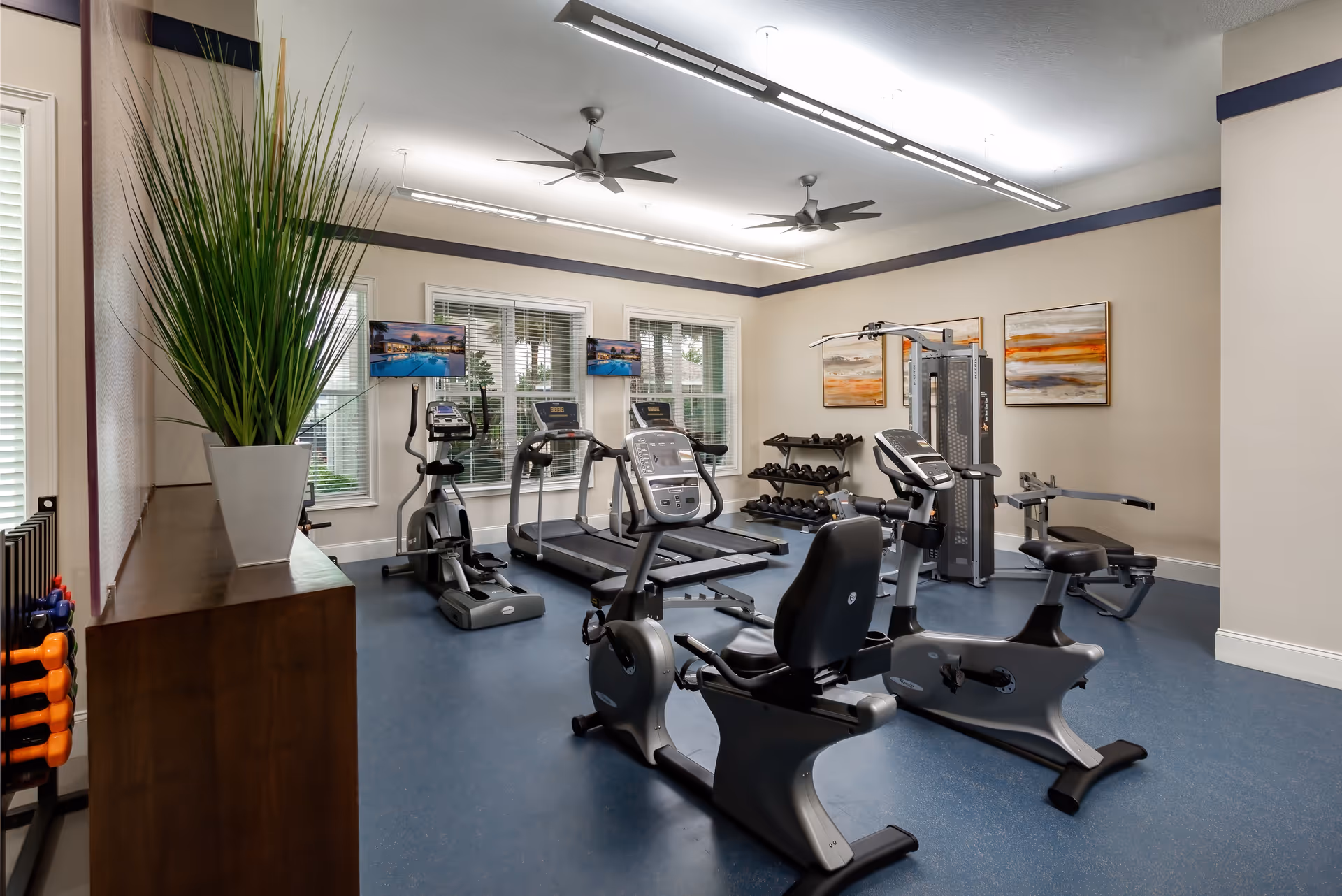 A well-lit fitness room with exercise equipment including stationary bikes, treadmills, an elliptical machine, weight rack, and a multi-function weight machine. The room has large windows with blinds, two ceiling fans, modern lighting, and two wall-mounted televisions. There is a large potted plant on a wooden cabinet and two abstract paintings on the wall.