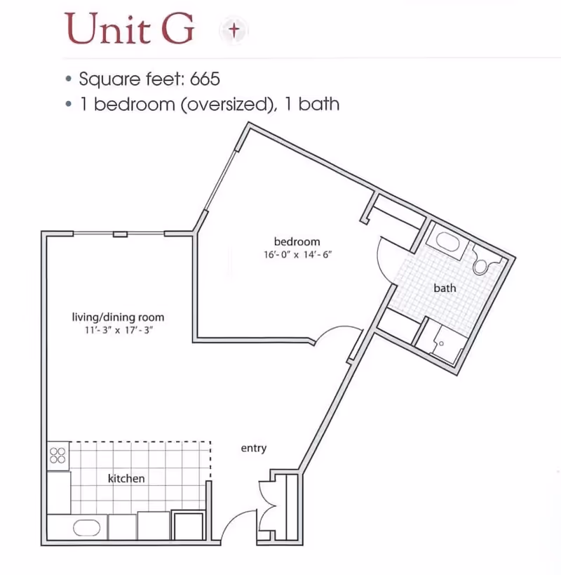 Floor plan of Unit G at Village at the Oaks showing a 665 square feet layout with 1 oversized bedroom, 1 bathroom, a living/dining room, kitchen, and entry area.