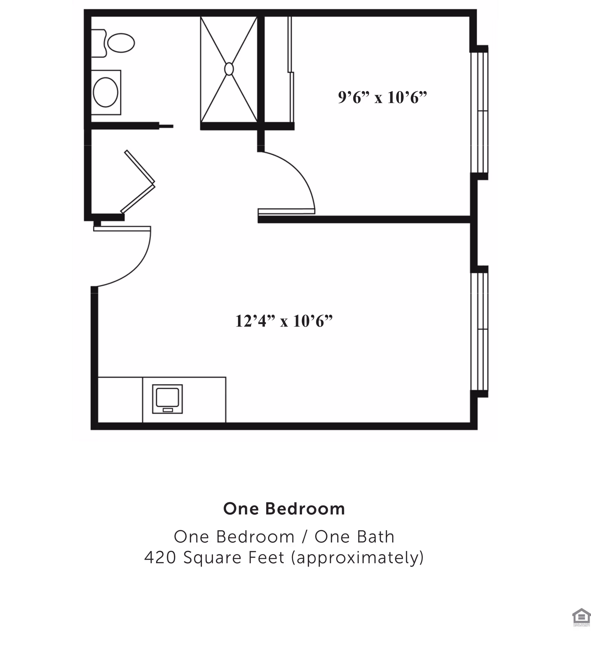 Floor plan of a one-bedroom, one-bath apartment at Lucas Court, approximately 420 square feet. The layout shows a bedroom measuring 9 feet 6 inches by 10 feet 6 inches, a living area measuring 12 feet 4 inches by 10 feet 6 inches, a bathroom with a toilet and sink, and a kitchen area with a stove. The entrance door opens into the living area.
