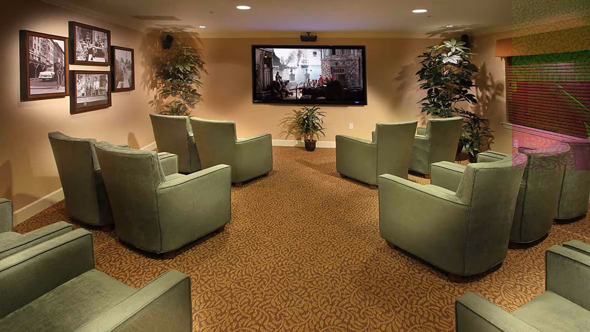 A cozy media room with green upholstered armchairs arranged in rows facing a large flat-screen TV mounted on a beige wall. The room has patterned carpet flooring, framed black and white photographs on one wall, and potted plants placed near the TV and in the corners. Window blinds are partially visible on the right side.