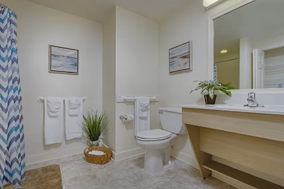 Bright bathroom with a toilet, sink and vanity, blue chevron shower curtain, white towels, and decorative plants.