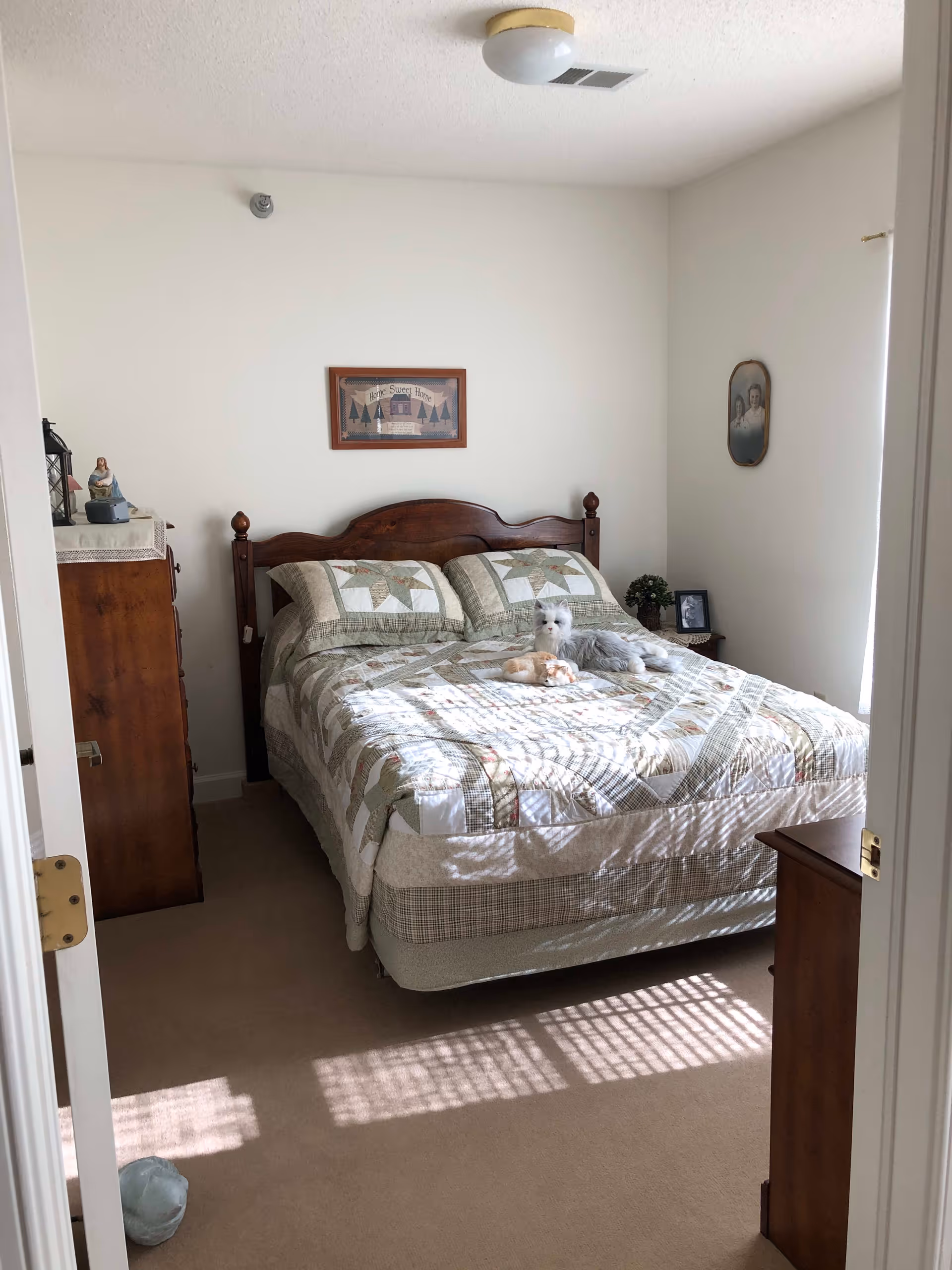 A cozy bedroom with a wooden bed frame and a quilted bedspread featuring a star pattern. Two stuffed animals, a gray cat and a beige dog, are placed on the bed. There is a wooden dresser on the left side with decorative items on top, and a small nightstand with a framed photo and a plant on the right. Sunlight streams through a window, casting shadows on the beige carpeted floor.