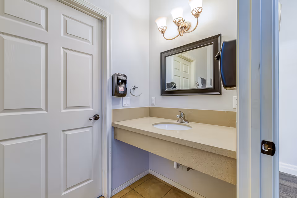 Small bathroom vanity with an undermount sink, mirror, wall-mounted soap dispenser and a closed paneled door.