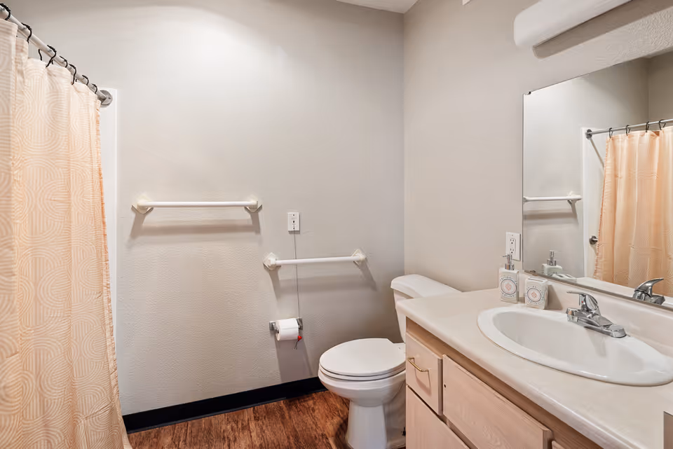 A clean bathroom with a white toilet, a sink with a countertop, a large mirror above the sink, and a shower with a beige patterned curtain. The walls are light-colored, and there are two towel bars and a toilet paper holder mounted on the wall.