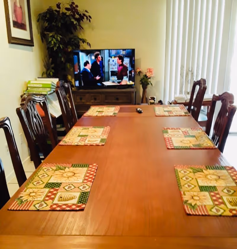 A dining room with a wooden table set with six floral and patterned placemats. Six wooden chairs surround the table. In the background, a television is on, showing a scene with three people talking. There is a plant and some books on a side table next to the TV, and vertical blinds cover the window on the right side.