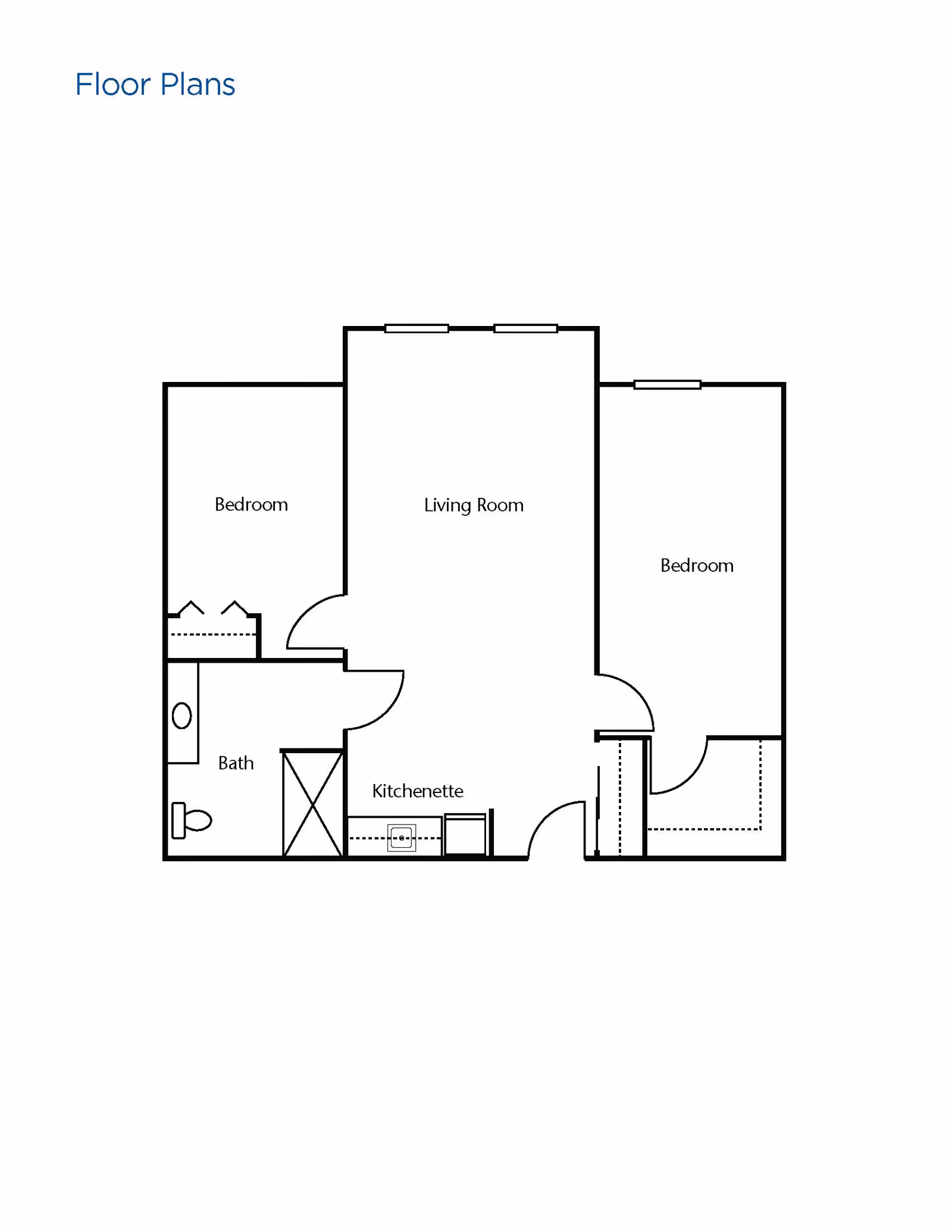 A black and white architectural floor plan showing a layout with two bedrooms, a living room, a bath, and a kitchenette. The living room is centrally located with bedrooms on either side. The bath is adjacent to one bedroom and near the kitchenette.
