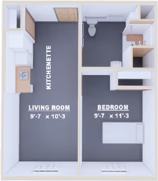 Floor plan of a small apartment unit with labeled areas including a kitchenette, living room measuring 9 feet 7 inches by 10 feet 3 inches, bedroom measuring 9 feet 7 inches by 11 feet 3 inches, and a bathroom with a toilet and sink.