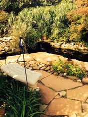 A peaceful outdoor garden area featuring a stone bench, a small pond with rocks around it, lush greenery, and various plants surrounding the space.
