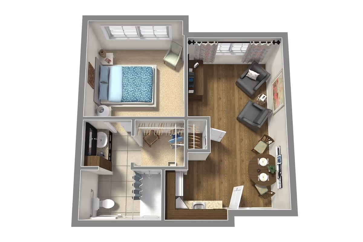 3D floor plan of a small apartment featuring a bedroom with a bed and chair, a bathroom with a toilet, sink, and shower, a closet with hanging clothes, and a living room area with two armchairs, a small dining table with two chairs, and a TV on the wall.
