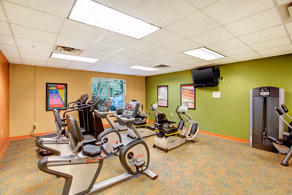 Interior fitness room with several recumbent bikes and cardio machines, a wall-mounted TV, and colorful green and tan walls.