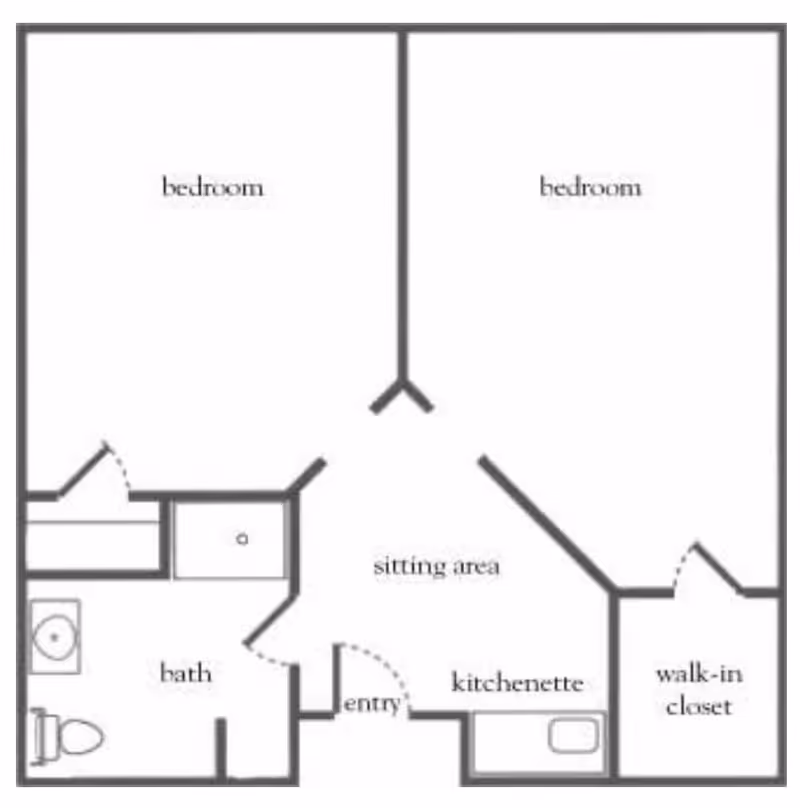 Floor plan layout showing two bedrooms, a bath, sitting area, kitchenette, entry, and walk-in closet.