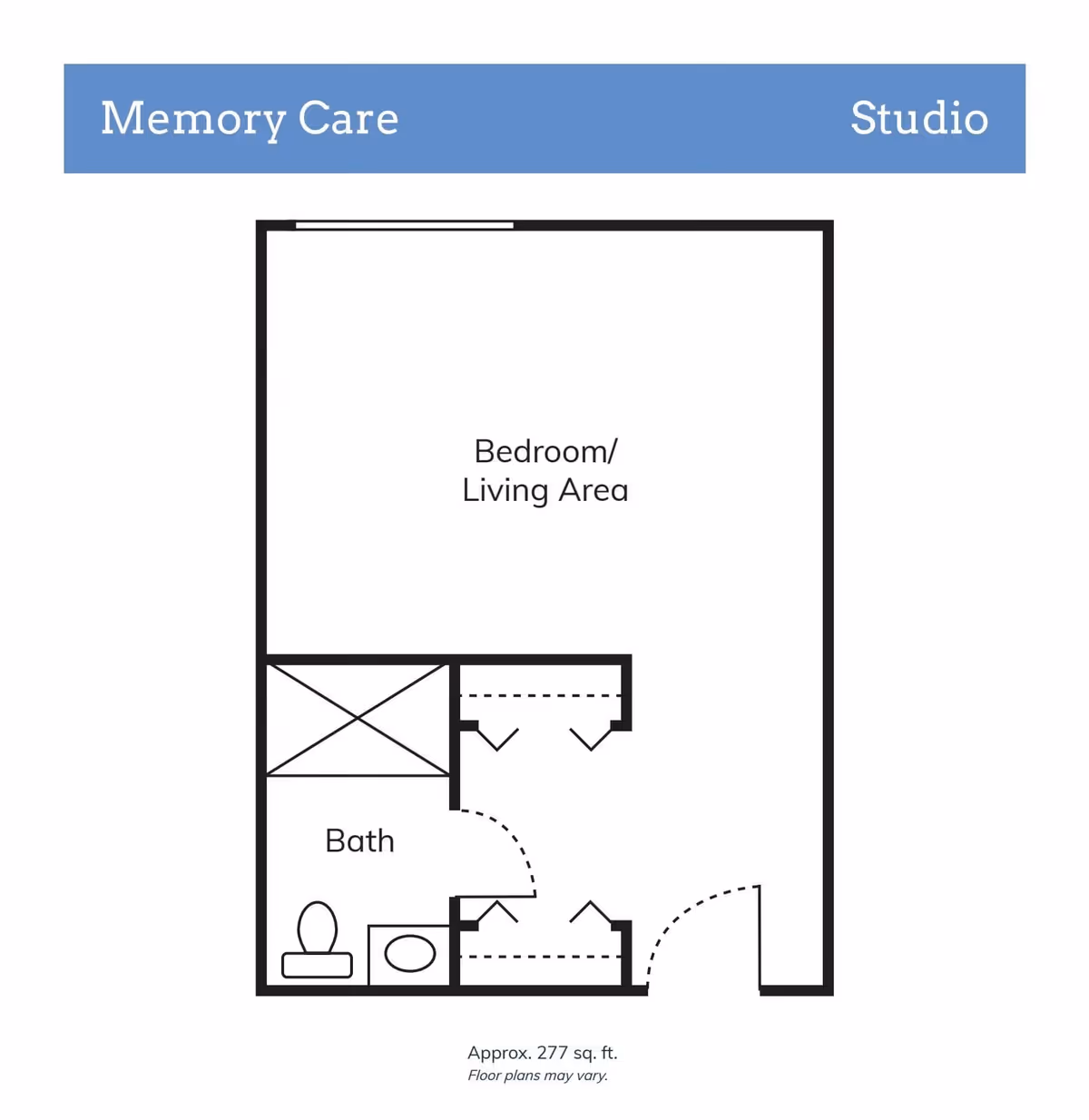Floor plan layout of a Memory Care Studio unit at Vista Veranda, showing a combined bedroom and living area, a bathroom with toilet and sink, and closet spaces. The total area is approximately 277 square feet.