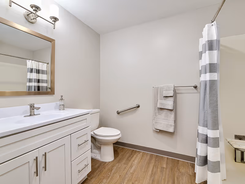 Bright accessible bathroom with a white vanity and mirror, toilet, grab bar, towel rack, and a gray-and-white striped shower curtain.