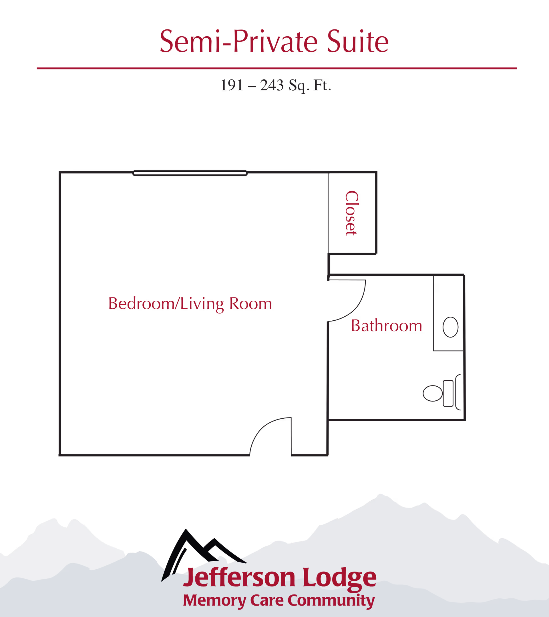 Floor plan layout of a semi-private suite at Jefferson Lodge Memory Care Community, showing a combined bedroom/living room area, a closet, and a bathroom. The suite size ranges from 191 to 243 square feet.