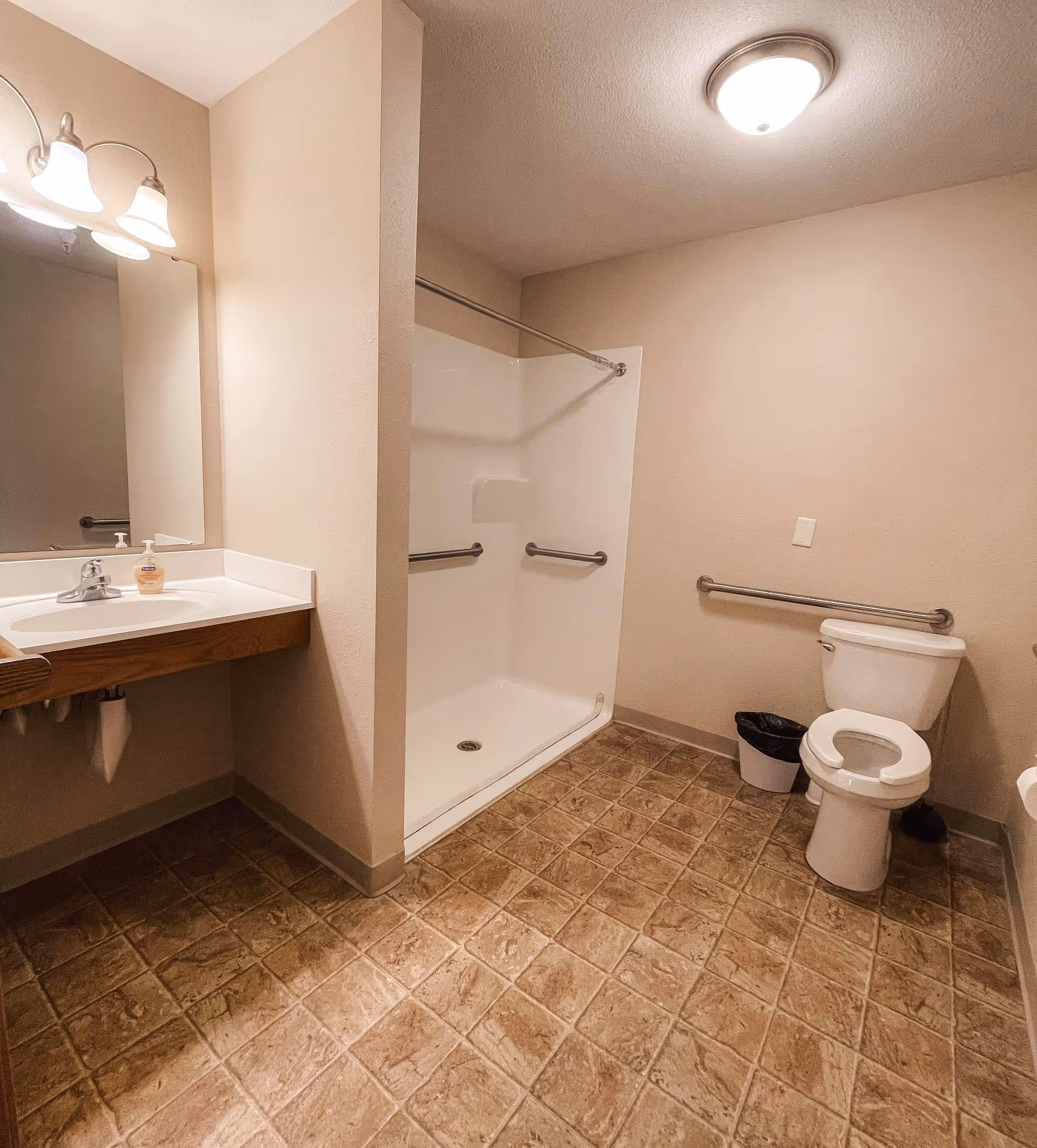 A clean and accessible bathroom with a walk-in shower equipped with grab bars, a toilet with grab bars on the wall, a trash can beside the toilet, and a sink with a mirror and two light fixtures above it. The floor has a tiled pattern and the walls are painted beige.