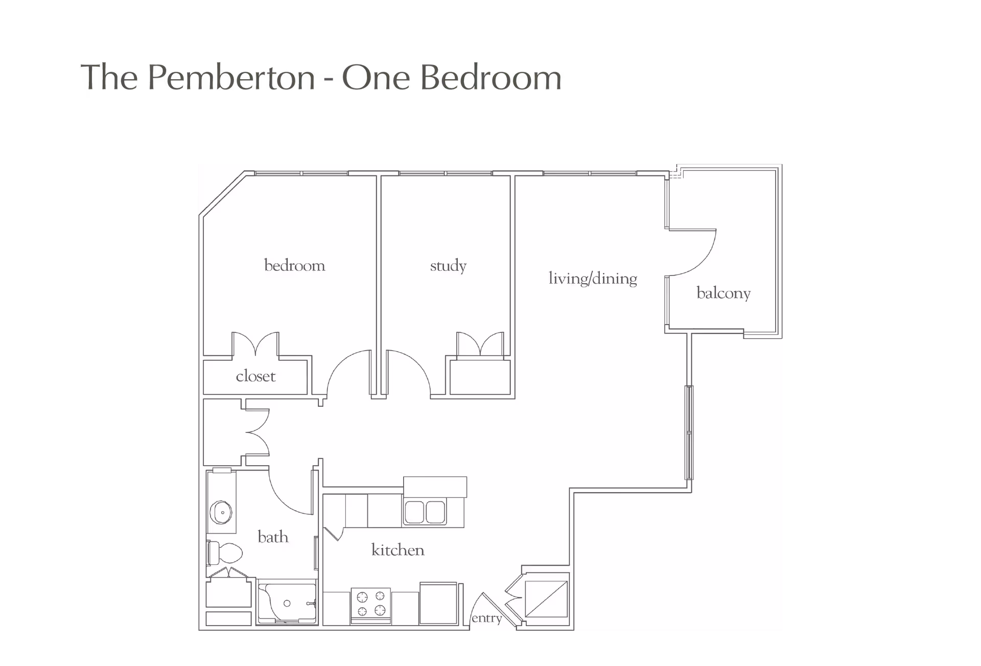 Floor plan layout titled The Pemberton - One Bedroom, showing a bedroom with closet, study, living/dining area, balcony, kitchen, bath, and entry.