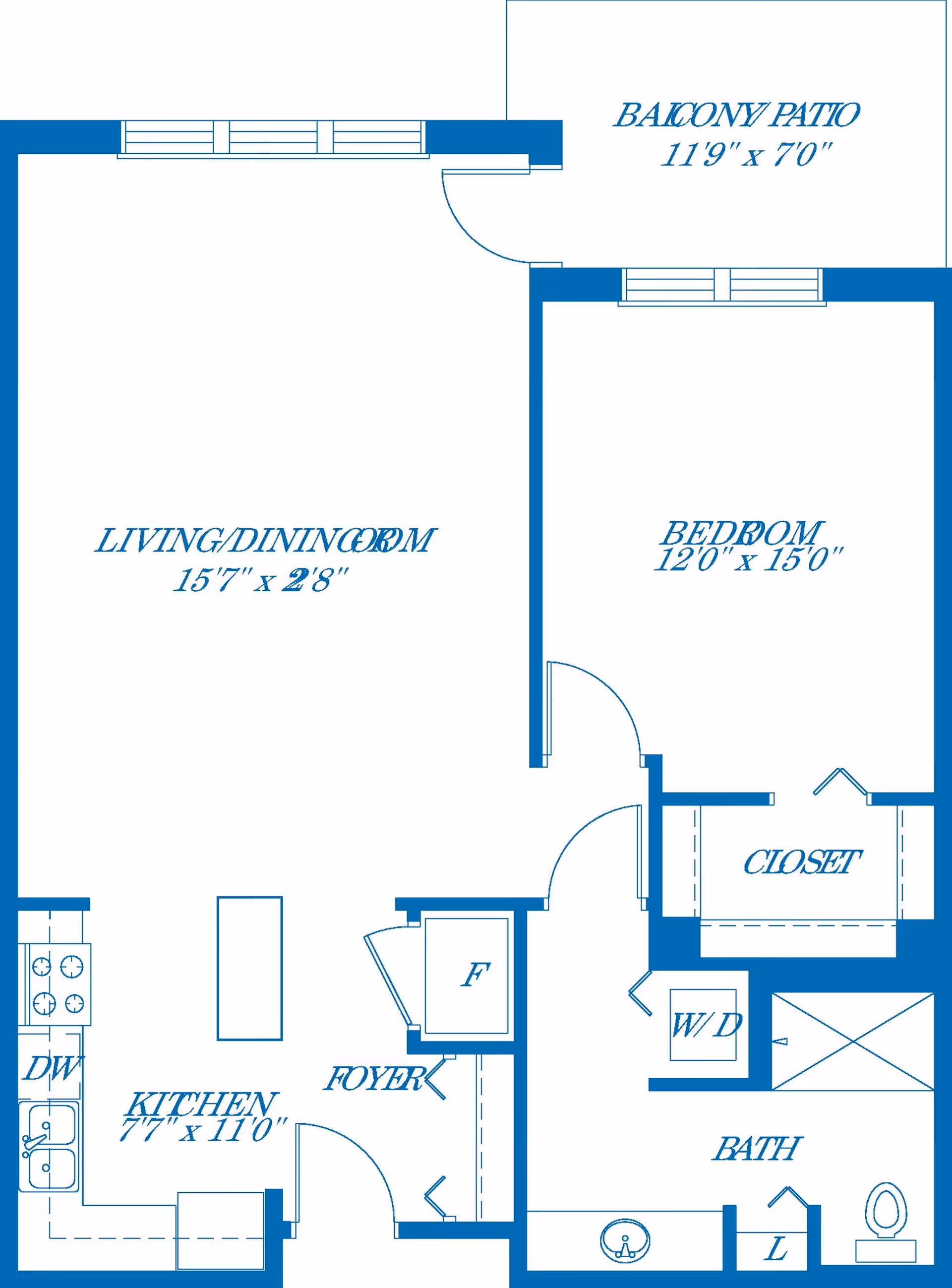 Architectural floor plan of an apartment at Vi at The Glen showing a living/dining room, kitchen, bedroom with closet, bathroom, foyer, balcony patio, and washer/dryer area.