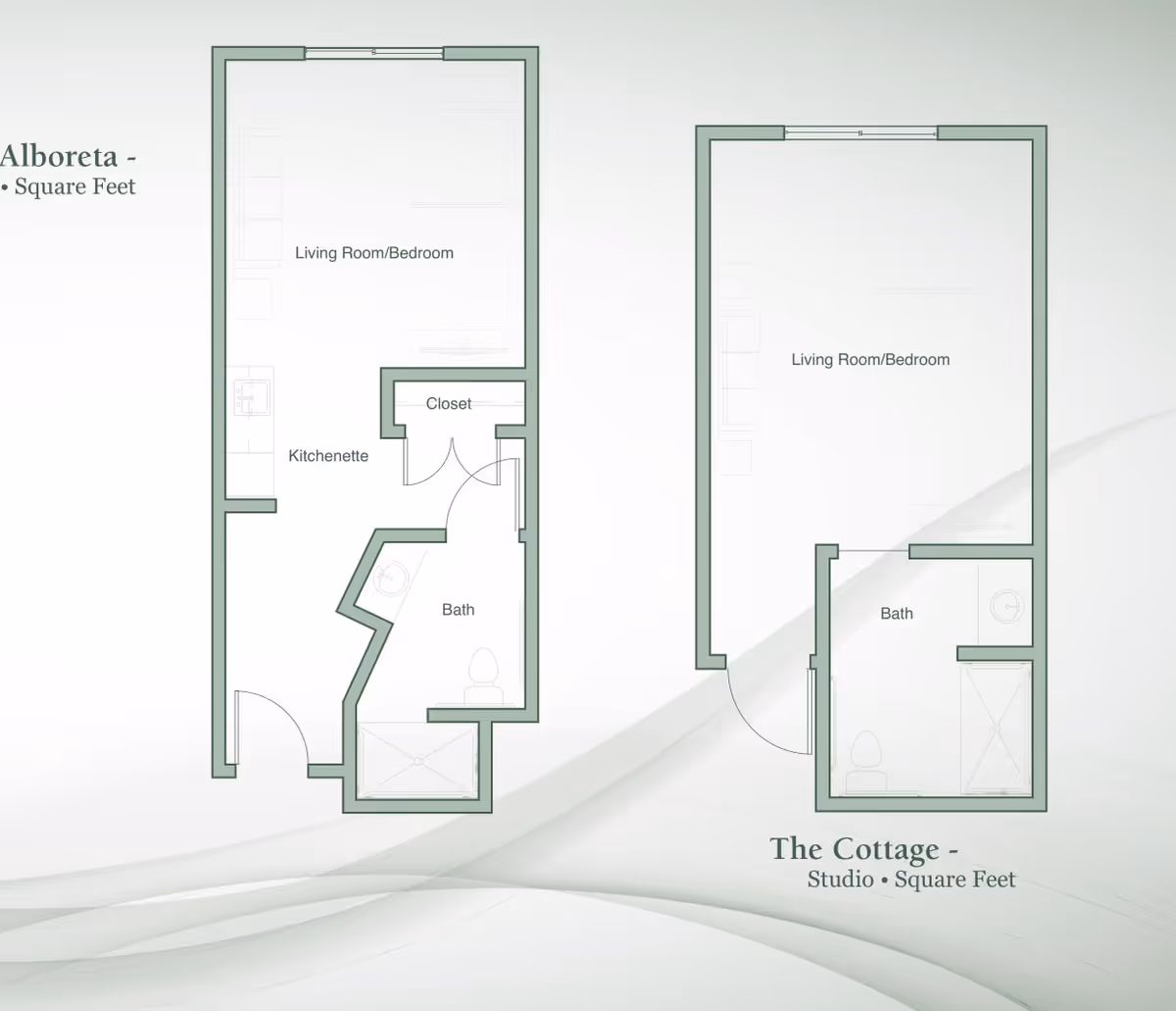 Floor plans for two studio apartments named Alboreta and The Cottage, each showing a living room/bedroom area, a bath, and a kitchenette or closet area.