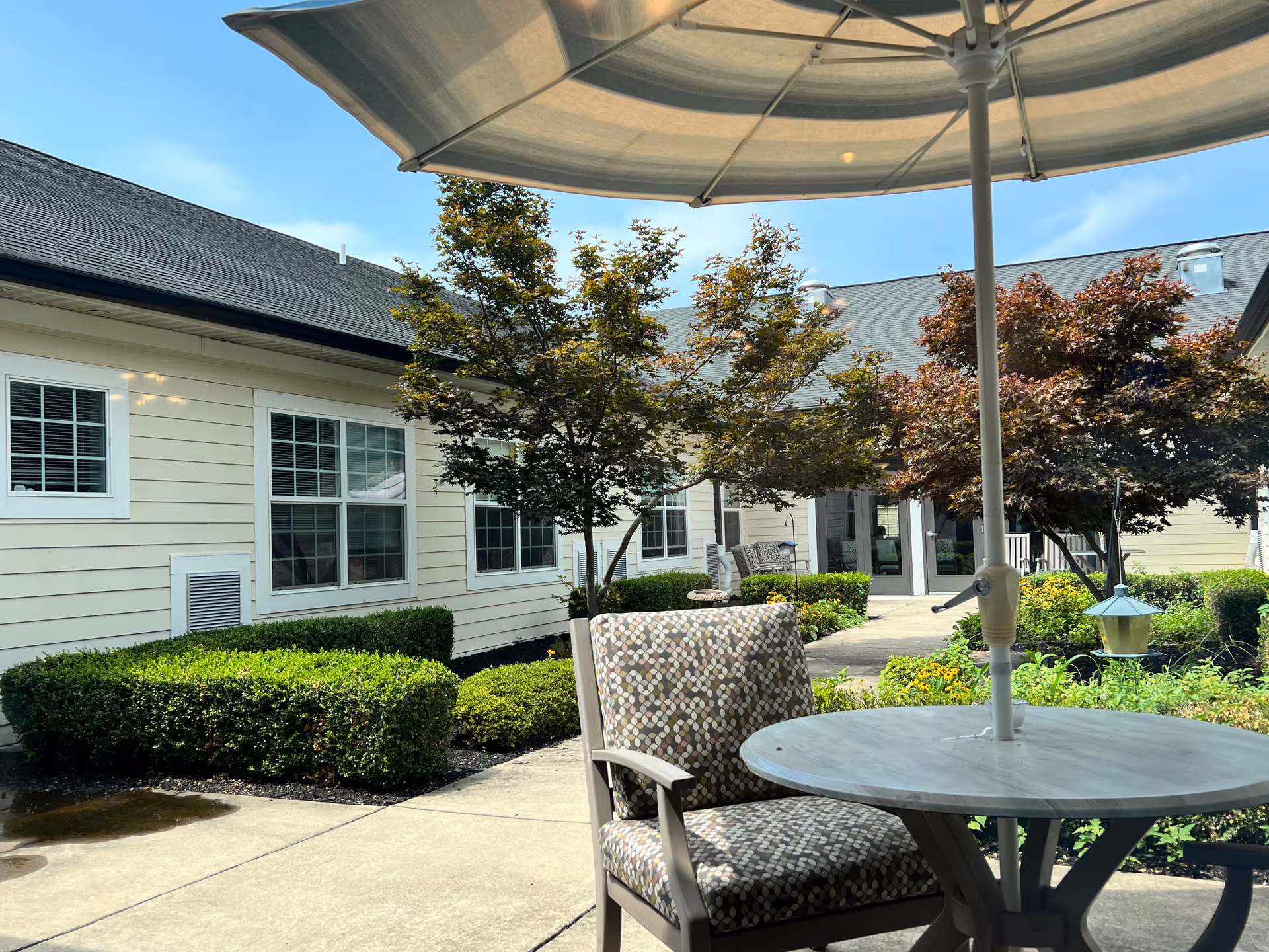 Outdoor courtyard area at Morningside House of Spotsylvania with a round table and cushioned chair under a large umbrella. The courtyard is surrounded by a beige building with white-trimmed windows, neatly trimmed bushes, and several trees with green and reddish leaves under a clear blue sky.