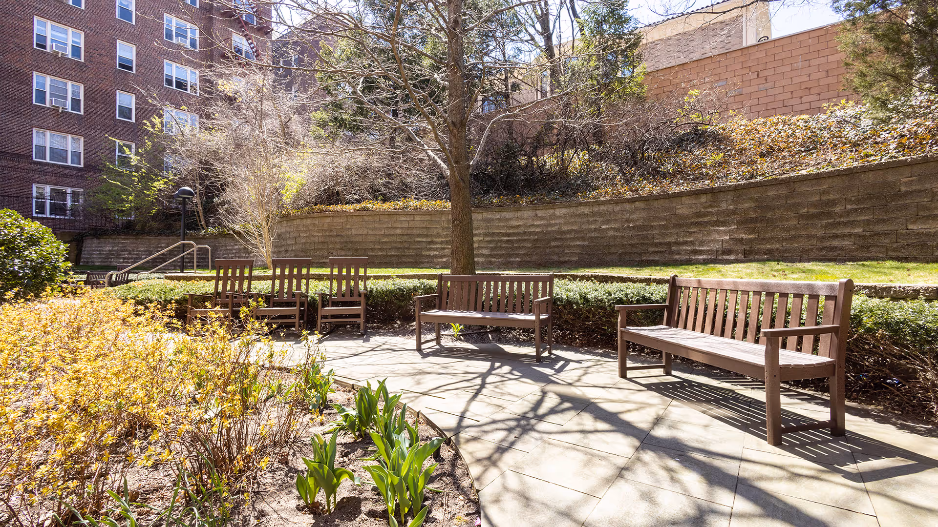 Outdoor seating area in a garden with wooden benches and chairs on a paved patio surrounded by plants and trees, with a brick building and retaining wall in the background.